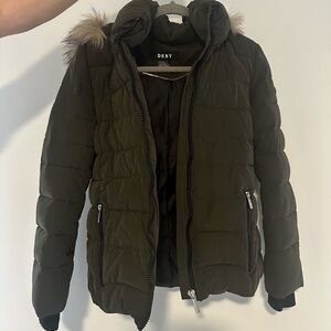 DKNY hunter green Fur lined puffer winter coat with hood